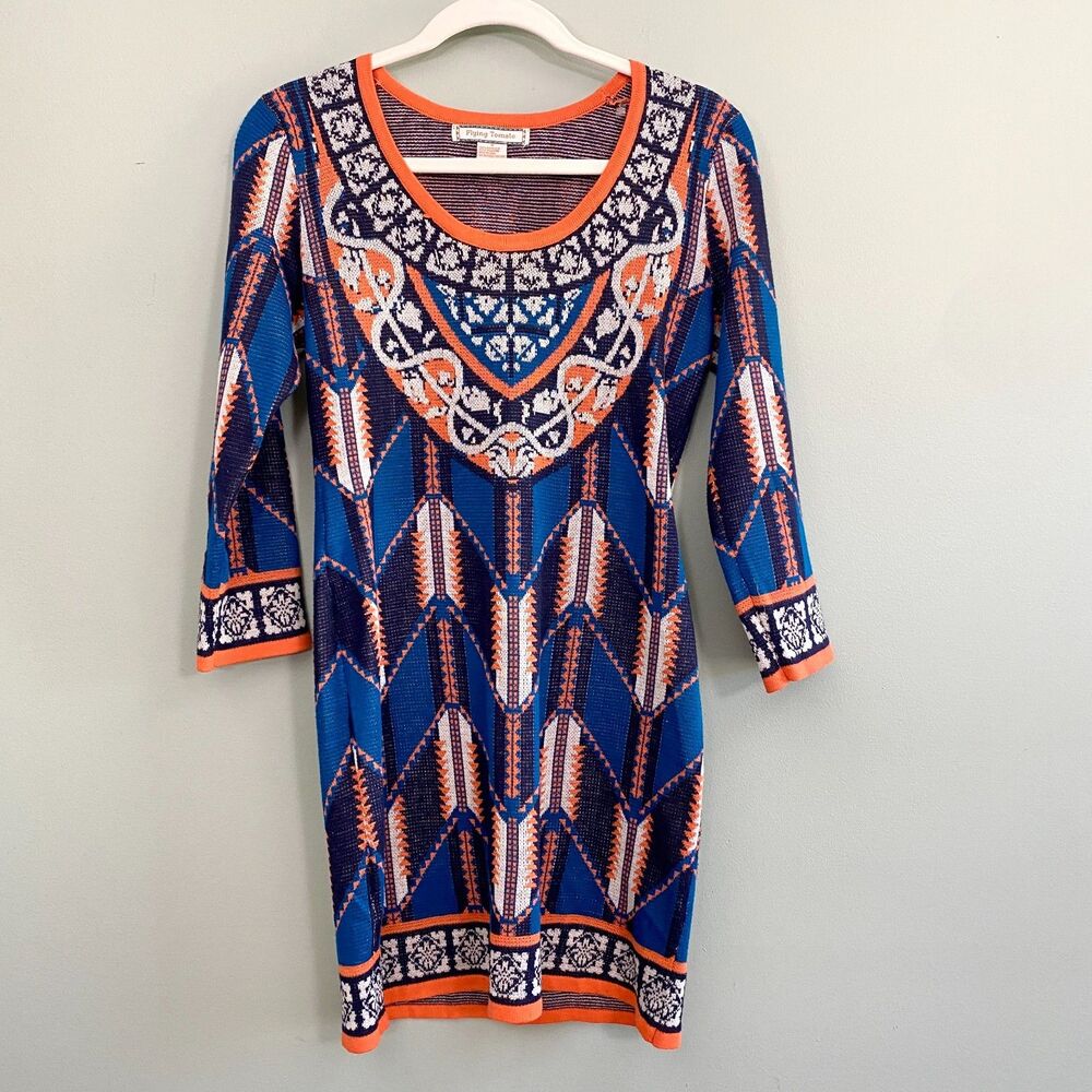 Flying Tomato Boho Sweater Dress Knee Length Knit Womens Medium Blue Orange